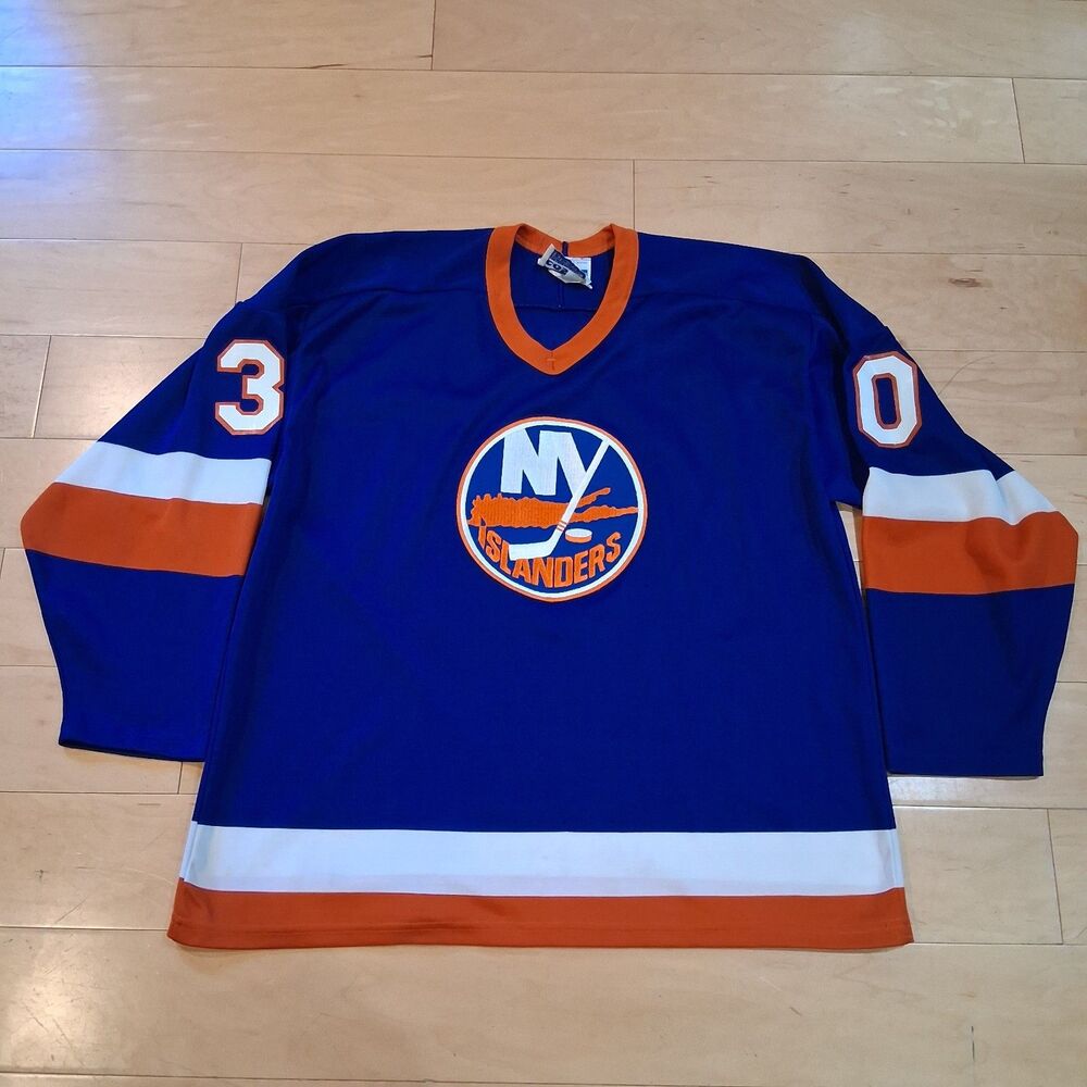 Vintage 90s CCM NY Islanders Mark Fitzpatrick #30 Gerry Cosby Jersey XL Blue